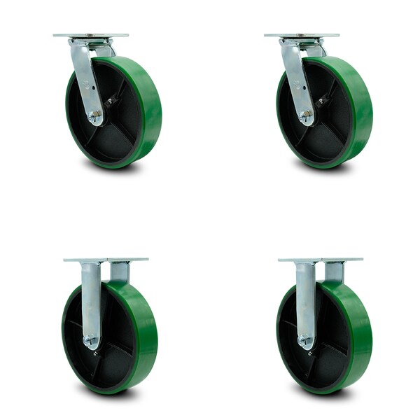 8 Inch Green Poly on Cast Iron Caster Set with Ball Bearings 2 Swivel 2 Rigid